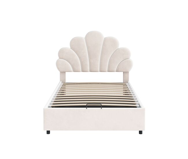 Cama con almacenaje acolchada de terciopelo - 90x200cm - cabecero en forma de flor - con somier de láminas - beige