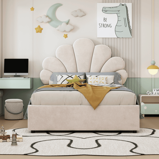 Cama estofada em veludo com arrumação - 90x200cm - cabeceira em forma de flor - com estrado de ripas - Bege