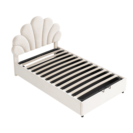 Cama estofada em veludo com arrumação - 90x200cm - cabeceira em forma de flor - com estrado de ripas - Bege