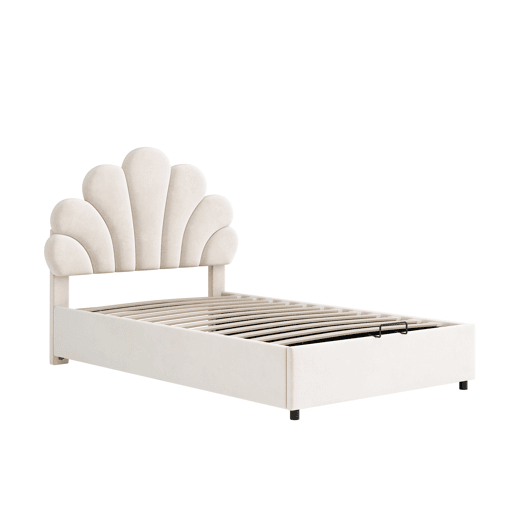 Cama estofada em veludo com arrumação - 90x200cm - cabeceira em forma de flor - com estrado de ripas - Bege