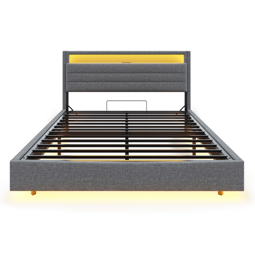 Cama contentora estofada em linho 160x200 cm - com tomada USB e LED - Cinzento