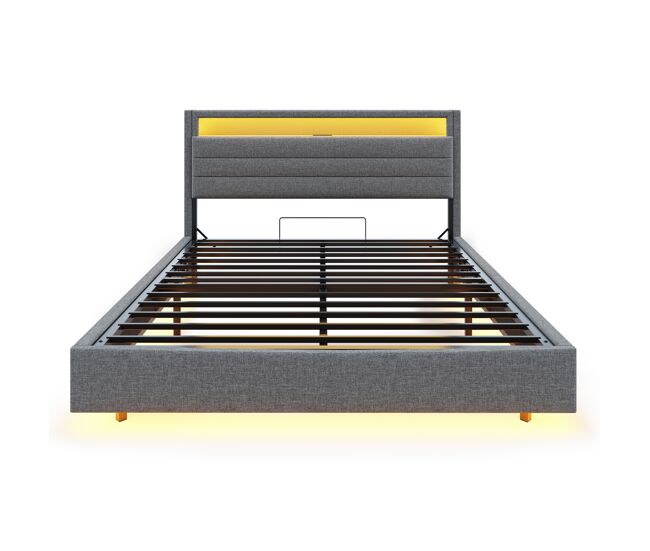 Cama contenedor tapizada de lino 160x200 cm - con toma usb y led - gris