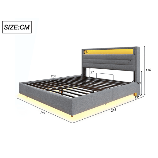 Cama contentora estofada em linho 160x200 cm - com tomada USB e LED - Cinzento
