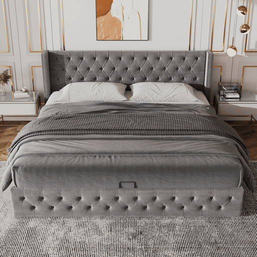 Cama de arrumação em veludo com estrado de ripas 140x190 cm - Cinzento