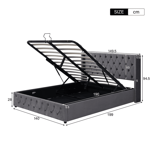 Cama de arrumação em veludo com estrado de ripas 140x190 cm - Cinzento
