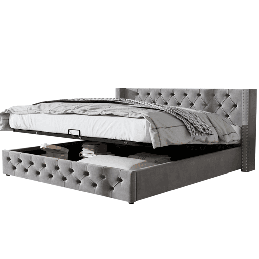 Cama de arrumação em veludo com estrado de ripas 140x190 cm - Cinzento