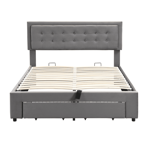 Cama contentor estofada em veludo 140x190cm - com gaveta e estrado de molas - Cinzento (sem colchão)