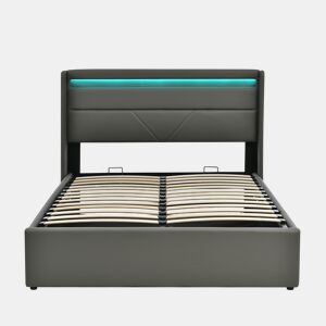 Cama contentora 160x200cm em imitação de pele com LED - com estrado - Cinzento