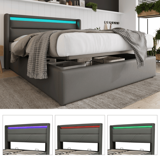 Cama contentora 160x200cm em imitação de pele com LED - com estrado - Cinzento