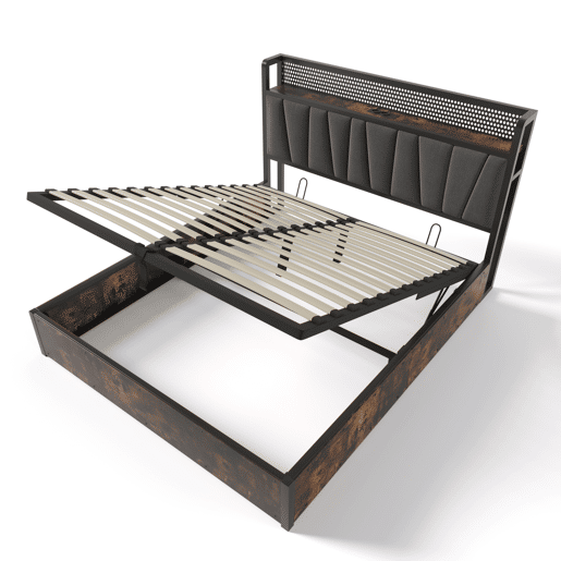 Cama em tecido de linho com arrumação 180x200 cm - com LED, portas de carregamento e estrado - Cinzento
