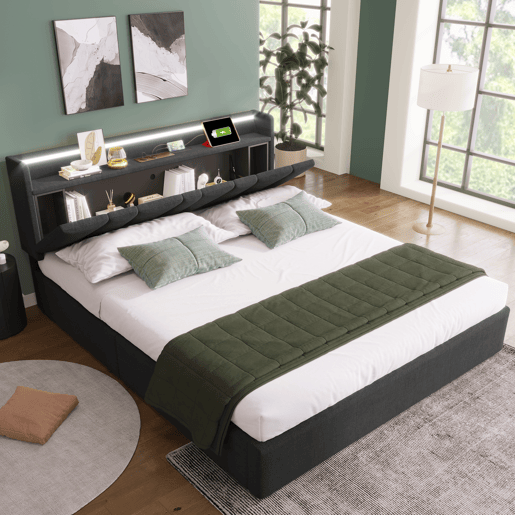 Cama contentor 140x200cm - com LED e portas de carga - tecido de linho - Cinzento