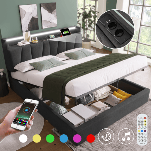 Cama contentor 140x200cm - com LED e portas de carga - tecido de linho - Cinzento