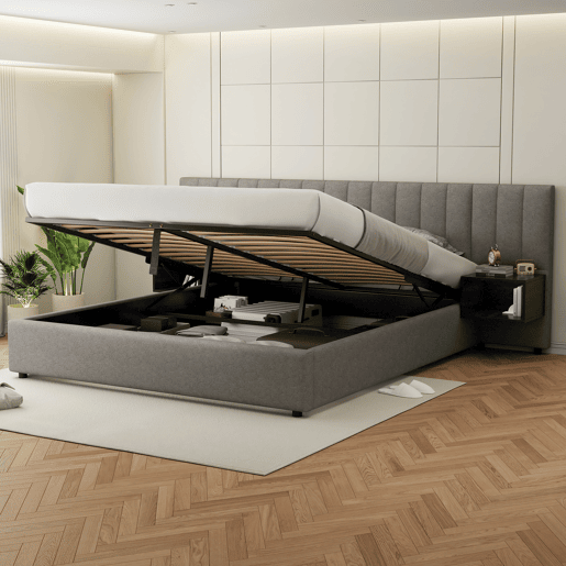 Cama contentora em tecido de linho 180x200 cm - com 2 mesas de cabeceira e estrado de molas - Cinzento