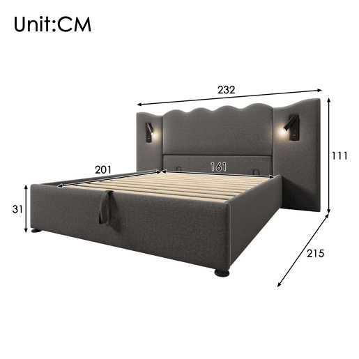 Cama para arrumação de roupa de cama 160x200 cm - com luz de leitura e função de carregamento - com estrado de ripas - Cinzento