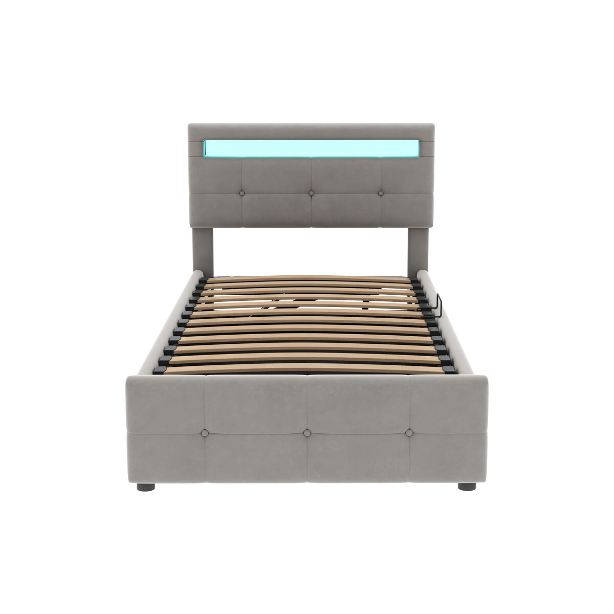 Cama contenedor 90x200 cm acolchada en terciopelo - con led y somier - gris