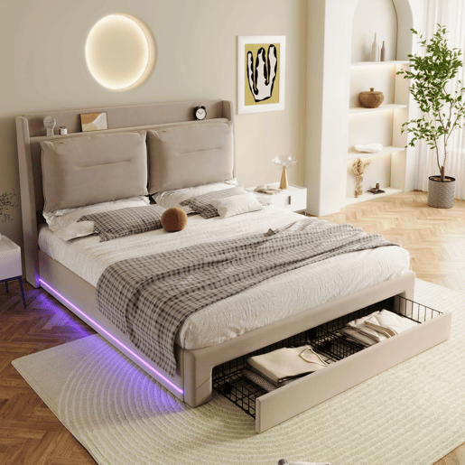 Sofá-cama estofado em veludo - 180x200 cm - 2 gavetas ao pé da cama - Fita LED embutida ao pé da cama - Bege (sem colchão)