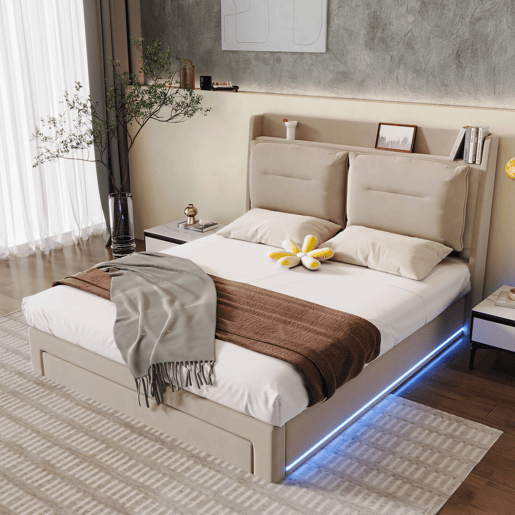 Sofá-cama estofado em veludo - 180x200 cm - 2 gavetas ao pé da cama - Fita LED embutida ao pé da cama - Bege (sem colchão)