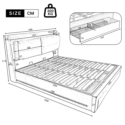 Sofá-cama estofado em veludo - 180x200 cm - 2 gavetas ao pé da cama - Fita LED embutida ao pé da cama - Bege (sem colchão)