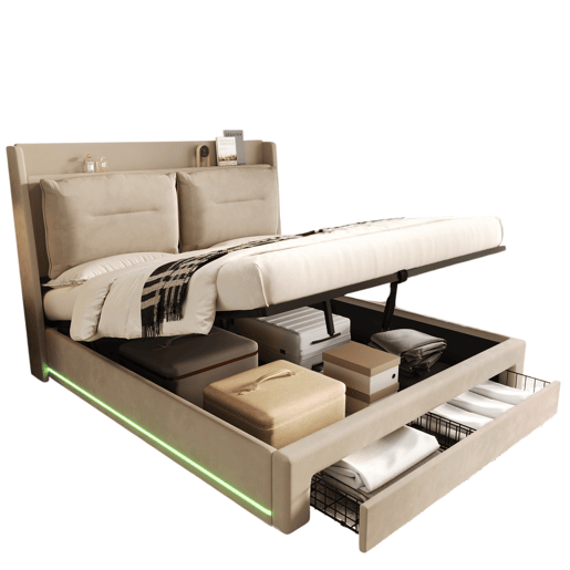 Sofá-cama estofado em veludo - 180x200 cm - 2 gavetas ao pé da cama - Fita LED embutida ao pé da cama - Bege (sem colchão)