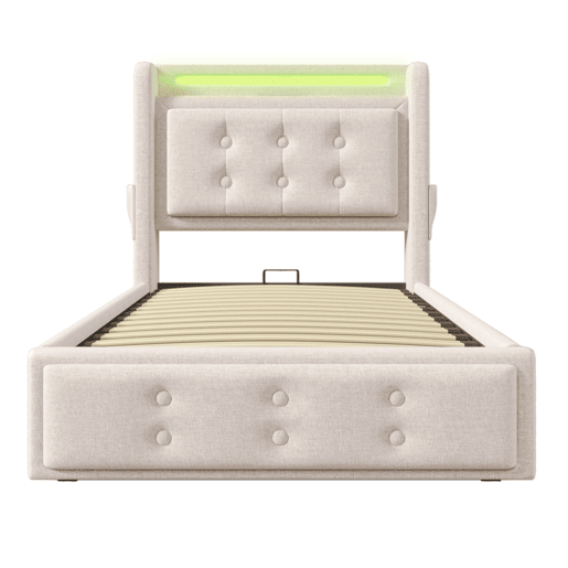 Cama de arrumação em tecido de linho 90x200 cm - com LED e portas de carregamento - Bege