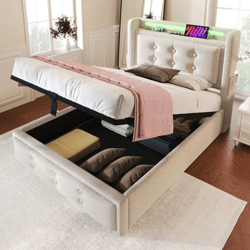 Cama de arrumação em tecido de linho 90x200 cm - com LED e portas de carregamento - Bege