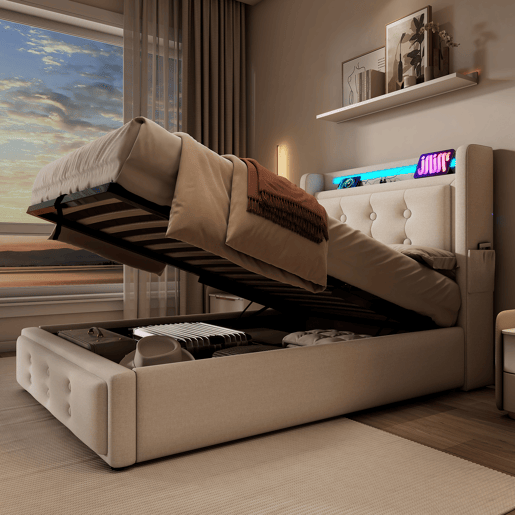 Cama de arrumação em tecido de linho 90x200 cm - com LED e portas de carregamento - Bege