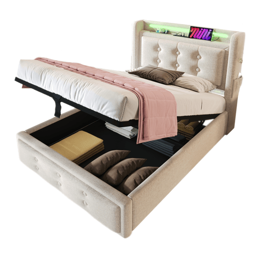 Cama de arrumação em tecido de linho 90x200 cm - com LED e portas de carregamento - Bege