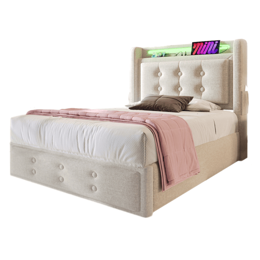 Cama de arrumação em tecido de linho 90x200 cm - com LED e portas de carregamento - Bege