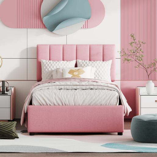 Cama estofada em linho com arrumação - 90x200cm - Rosa