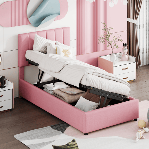 Cama estofada em linho com arrumação - 90x200cm - Rosa