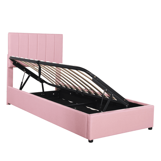 Cama estofada em linho com arrumação - 90x200cm - Rosa