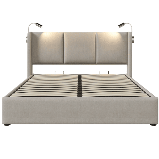 Cama contentora em pele sintética de 140x200 cm - com luzes de leitura e portas de carregamento USB - com estrado de molas - Bege
