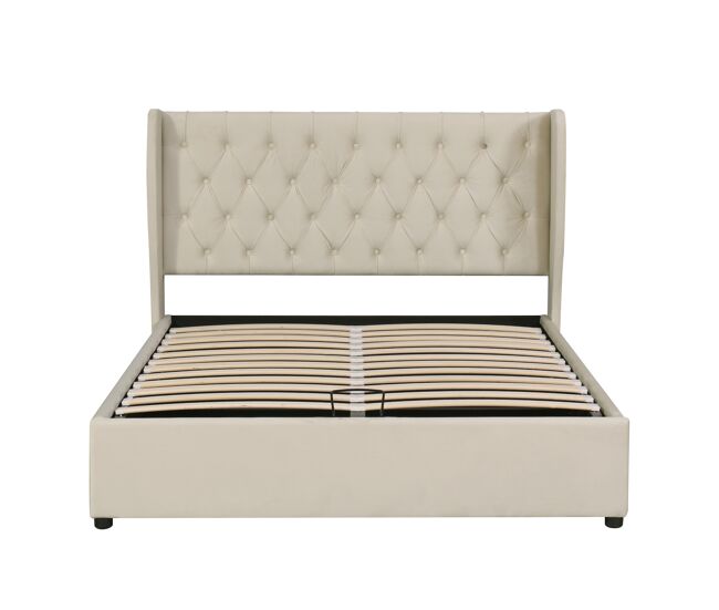 Cama contenedor acolchada de terciopelo 140x200 cm con somier de láminas - beige