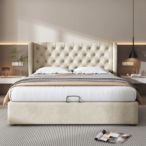Cama de contentor estofada em veludo 140x200 cm com estrado de ripas - Bege