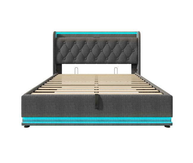 Cama con almacenaje de piel sintética de 140x200 cm - con led y enchufes usb y tipo c - gris