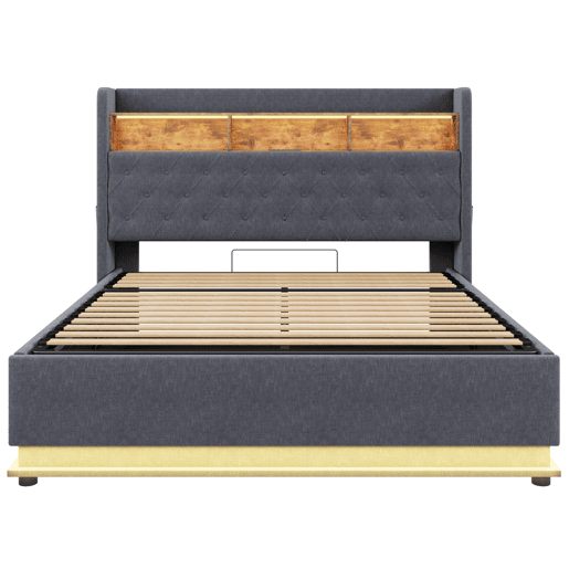 Cama de linho com canapé de 180x200 cm - com LED e tomadas USB - Cinzento Cama de linho com canapé de 180x200 cm - com LED e tomadas USB - Cinzento