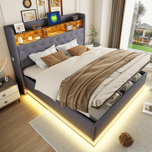 Cama de linho com canapé de 180x200 cm - com LED e tomadas USB - Cinzento Cama de linho com canapé de 180x200 cm - com LED e tomadas USB - Cinzento