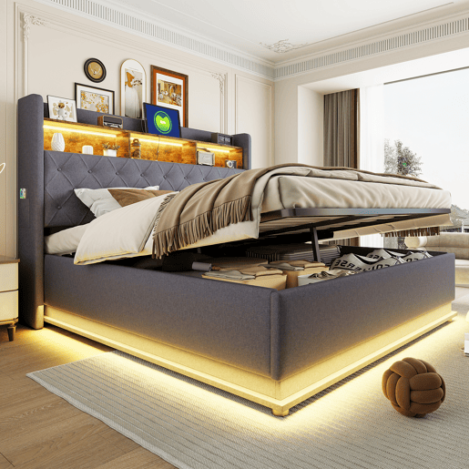 Cama de linho com canapé de 180x200 cm - com LED e tomadas USB - Cinzento Cama de linho com canapé de 180x200 cm - com LED e tomadas USB - Cinzento