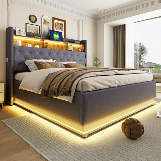 Cama de linho com canapé de 180x200 cm - com LED e tomadas USB - Cinzento Cama de linho com canapé de 180x200 cm - com LED e tomadas USB - Cinzento