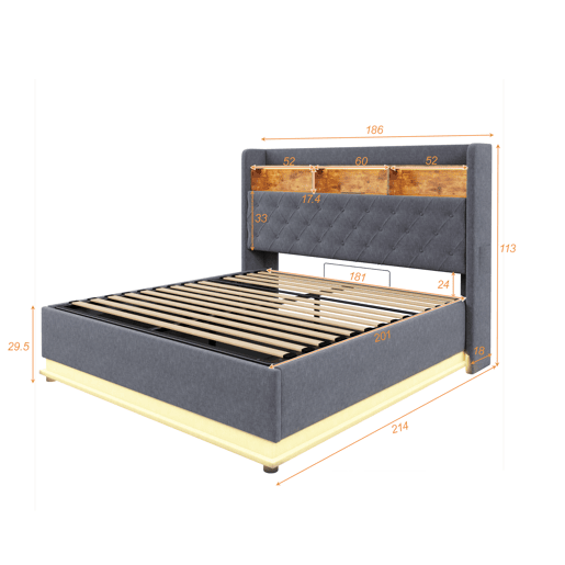 Cama de linho com canapé de 180x200 cm - com LED e tomadas USB - Cinzento Cama de linho com canapé de 180x200 cm - com LED e tomadas USB - Cinzento