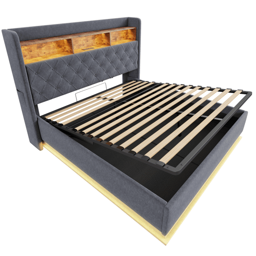 Cama de linho com canapé de 180x200 cm - com LED e tomadas USB - Cinzento Cama de linho com canapé de 180x200 cm - com LED e tomadas USB - Cinzento