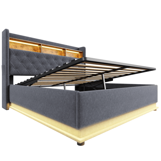 Cama de linho com canapé de 180x200 cm - com LED e tomadas USB - Cinzento Cama de linho com canapé de 180x200 cm - com LED e tomadas USB - Cinzento