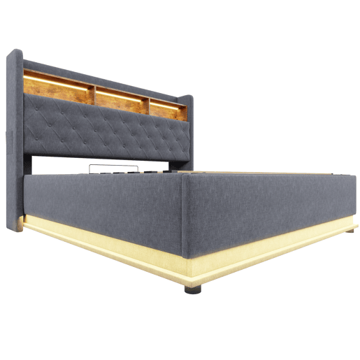 Cama de linho com canapé de 180x200 cm - com LED e tomadas USB - Cinzento Cama de linho com canapé de 180x200 cm - com LED e tomadas USB - Cinzento