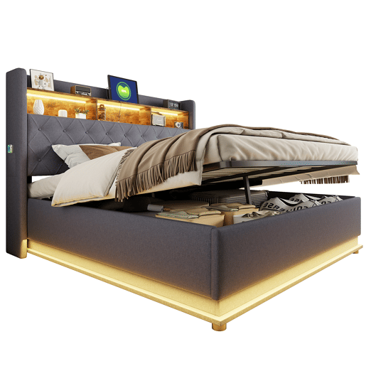 Cama de linho com canapé de 180x200 cm - com LED e tomadas USB - Cinzento Cama de linho com canapé de 180x200 cm - com LED e tomadas USB - Cinzento