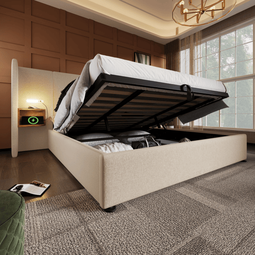 Cama contentora de linho 180x200 cm - 2 mesas de cabeceira com luz de leitura e função de carregamento - com estrado de molas - Bege