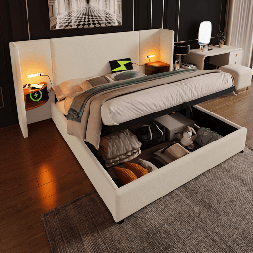 Cama contentora de linho 180x200 cm - 2 mesas de cabeceira com luz de leitura e função de carregamento - com estrado de molas - Bege