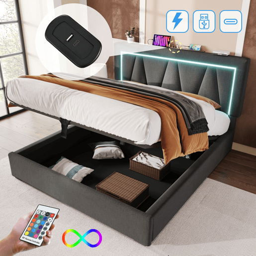 Cama contentora estofada 140x200cm com LED e porta de carregamento USB e Tipo C - Tecido de linho - Estrado de ripas - Cinzento