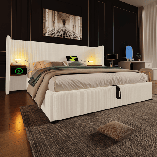 Cama contentora em veludo cotelê 180x200 cm - 2 mesas de cabeceira com luz de leitura e função de carregamento - com estrado de molas - Bege
