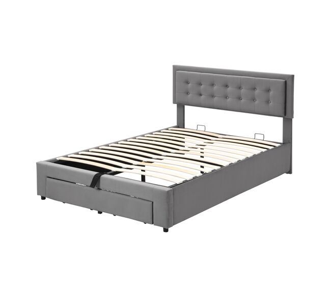 Cama contenedor acolchada 140x200cm en terciopelo - con cajón y somier - gris (sin colchón)