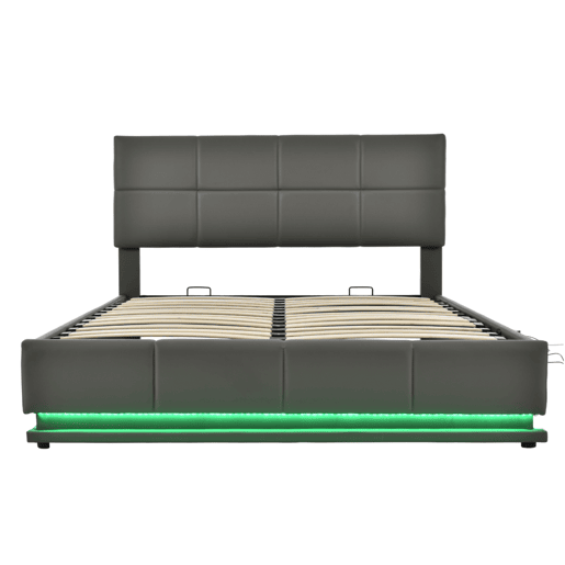 Cama de contentor 160x200cm em imitação de pele com LED + estrado + cabeceira regulável - Cinzento